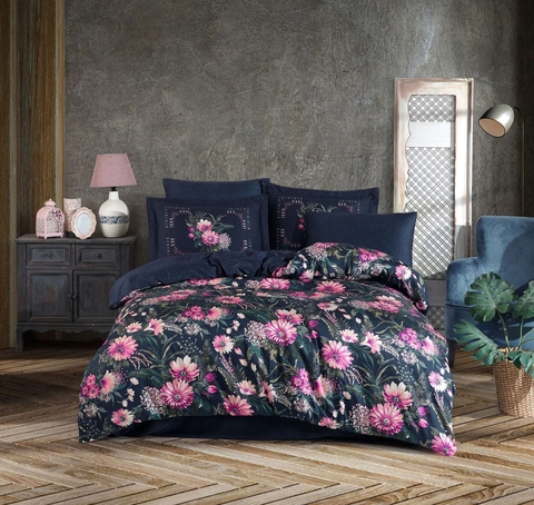 Set de huse de pilotă duble din satin Tencel, L'essentiel Maison, Rebeca, Albastru închis / Roz / Verde