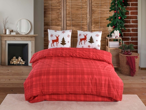 Lenjerie de pat dubla King (FR), 3 piese, L'essentiel Maison, Caspara, Roșu / Alb / Bej închis