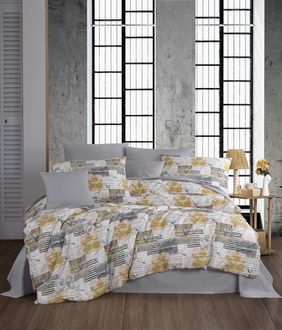 Lenjerie de pat dubla Super King (EU) (IT), 3 piese, L'essentiel Maison, Serra, Gri / Alb / Galben