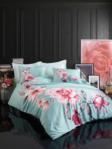 Lenjerie de pat dubla King (EU) (ES), 3 piese, L'essentiel Maison, 482, Turcoaz / Roșu / Roz / Gri