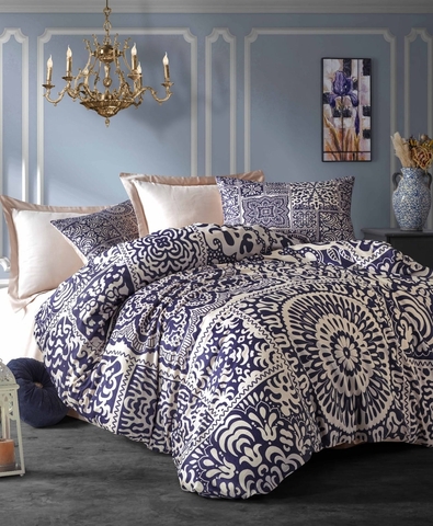 Lenjerie de pat dubla King (FR), 3 piese, L'essentiel Maison, 484, Albastru închis / Crem