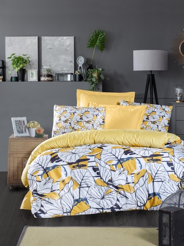 Lenjerie de pat dubla King (FR), 3 piese, L'essentiel Maison, Cassie, Galben / Alb / Albastru închis