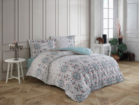 Lenjerie de pat dubla, L'essentiel Maison, North, Alb / Turcoaz / Roz / Negru