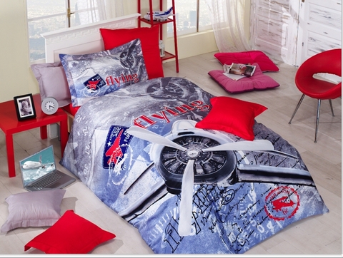 Lenjerie de pat pentru o persoana, L'essentiel Maison, Aliante, Roșu / Albastru / Alb / Gri