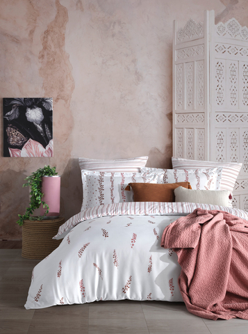 Lenjerie de pat dubla, L'essentiel Maison, Kilyos, Roz/Alb