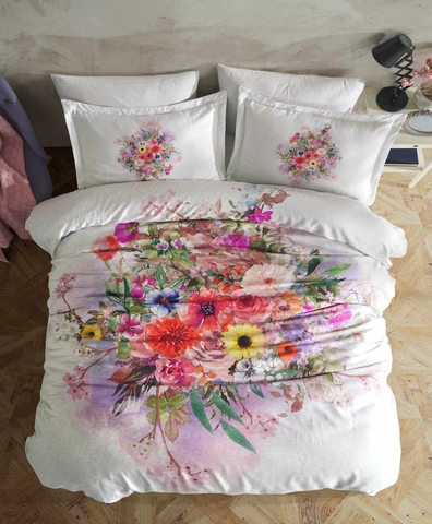 Lenjerie de pat dubla, L'essentiel Maison, Posy, Alb / Roz / Verde