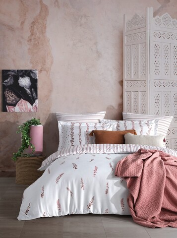 Lenjerie de pat dubla Super King (EU) (IT), 3 piese, L'essentiel Maison, Kilyos, Pulbere / Alb