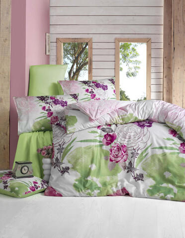 Lenjerie de pat dubla (ES), L'essentiel Maison, Lamia, Verde / Fuchsia / Alb / Roz