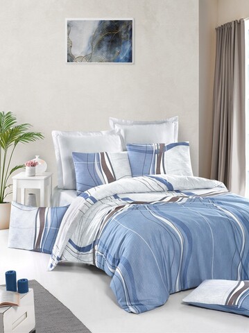 Lenjerie de pat dubla Super King (FR), 3 piese, L'essentiel Maison, Papiyan, White / Blue / Brown