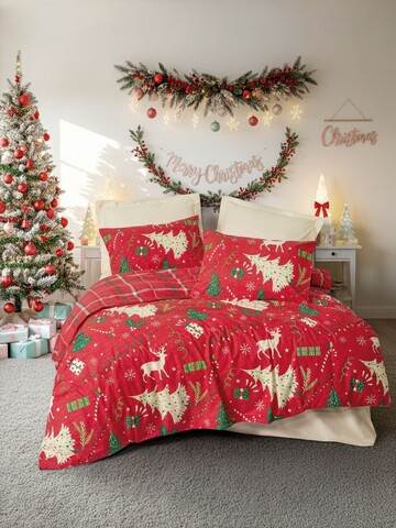 Lenjerie de pat dubla King (FR), L'essentiel Maison, Joyful, Roșu / Alb-gălbui / Verde / Verde deschis