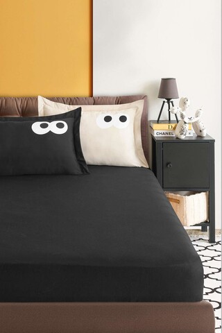 Set de pat dublu (cearceaf cu elastic si perne) 3 piese, L'essentiel Maison, Funny, Negru