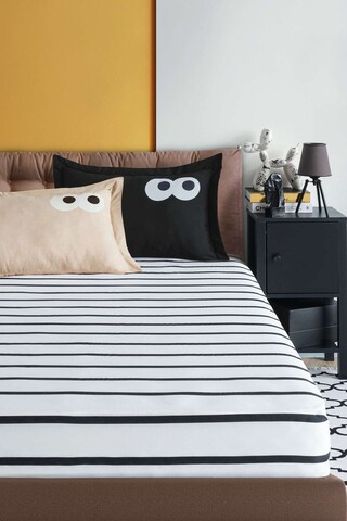 Set de pat dublu (cearceaf cu elastic si perne) 3 piese, L'essentiel Maison, Funny Cizgili, Negru