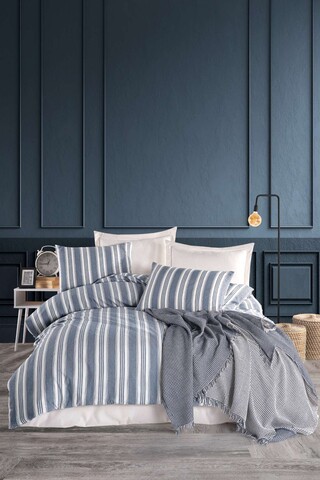 Lenjerie de pat dubla, L'essentiel Maison, Soft Line, Albastru navy