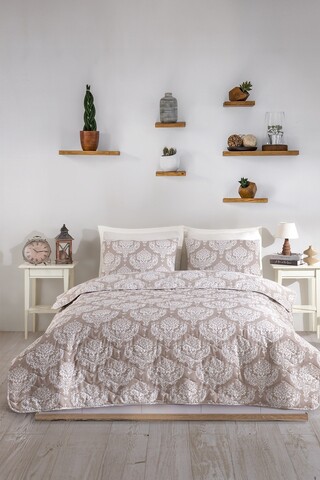 Set cuvertura de pat dubla 3 piese, L'essentiel Maison, Post, Alb/Maro