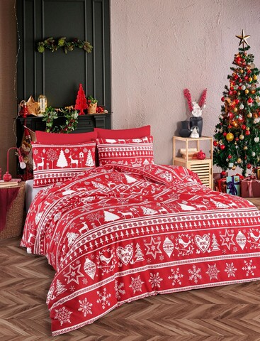 Lenjerie de pat dubla (DE), 3 piese, L'essentiel Maison, Snowmas, Roșu Claret / Alb