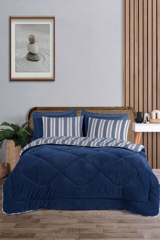 Set cuvertura dubla si perne, L'essentiel Maison, Soft Line, Albastru navy