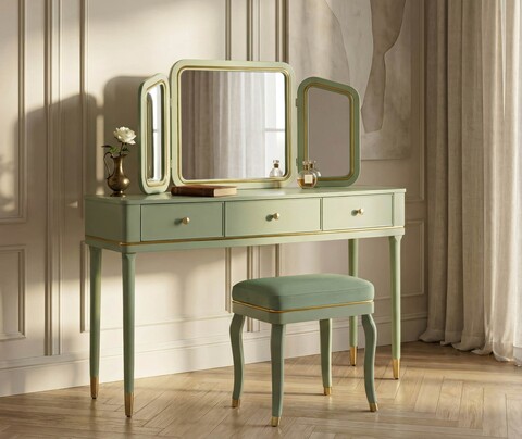 Masa de toaleta / masuta dressing cu oglinda si taburet, Mauro Ferretti, Camille, 120x37x79 cm, lemn de pin/fier/poliester, verde/auriu