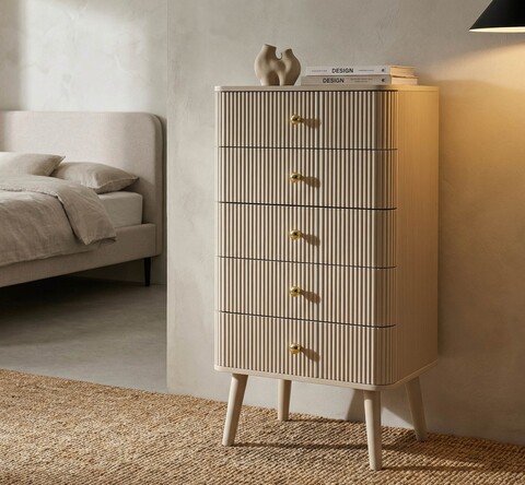 Comoda cu 5 sertare, Mauro Ferretti, Shy, 37.5x34x89 cm, lemn de pin, alb/auriu