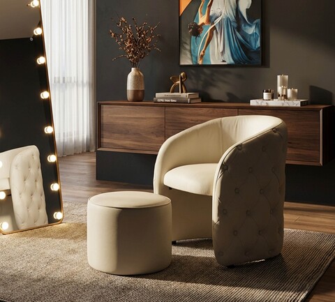 Set fotoliu si taburet pentru picioare, Mauro Ferretti, Zagabria, 75x76x80 cm, lemn de pin/piele ecologica, alb