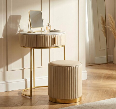 Set masuta dressing si taburet, Mauro Ferretti, Pok, 52x52x70 cm, lemn de pin/piele ecologica, alb/auriu