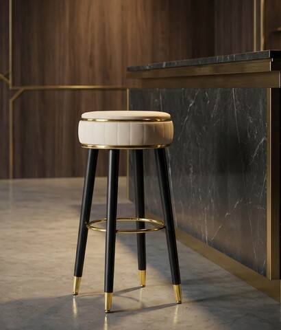 Scaun de bar, Mauro Ferretti, London, 37x74 cm, lemn de pin/piele ecologica, crem/negru/auriu