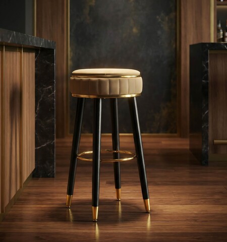 Scaun de bar, Mauro Ferretti, London, 38x74 cm, lemn de pin/piele ecologica, maro/negru/auriu