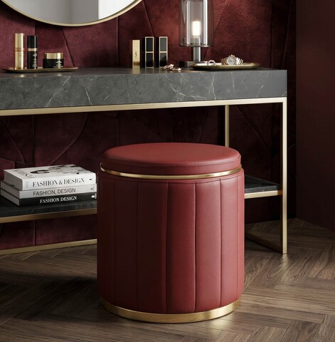 Taburet cu spatiu de depozitare, Mauro Ferretti, London, 46.5x44 cm, lemn de pin/piele ecologica, rosu/auriu