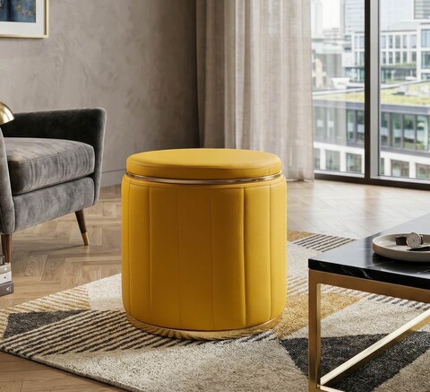Taburet cu spatiu de depozitare, Mauro Ferretti, London, 46.5x44 cm, lemn de pin/piele ecologica, galben mustar/auriu