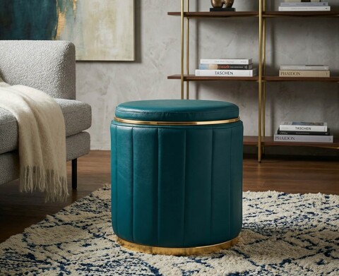 Taburet cu spatiu de depozitare, Mauro Ferretti, London, 46.5x44 cm, lemn de pin/piele ecologica, turcoaz/auriu