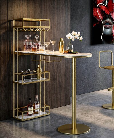 Masa de bar, Mauro Ferretti, Luxy, 120x45x150 cm, metal/imitatie de marmura, auriu/alb