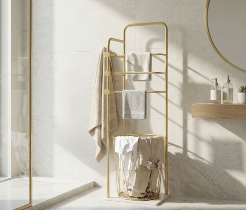 Suport pentru prosoape, Mauro Ferretti, Trop, 40x30x112 cm, metal/imitatie de marmura, auriu/alb