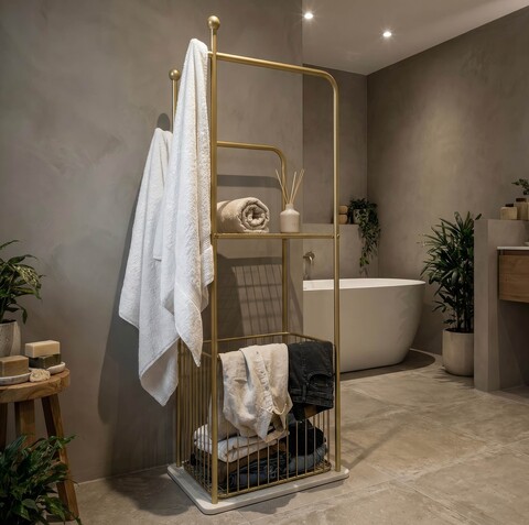 Suport pentru prosoape, Mauro Ferretti, Flish, 40x30x121 cm, metal/imitatie de marmura, auriu/alb