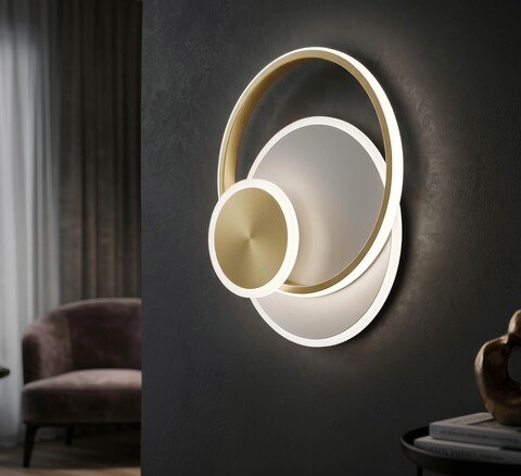 Aplica de perete, Mauro Ferretti, Dish, banda LED integrata, 65W, 3000K / 4000K / 6000K, 29x6.5x34 cm, aluminiu/fier, auriu/alb