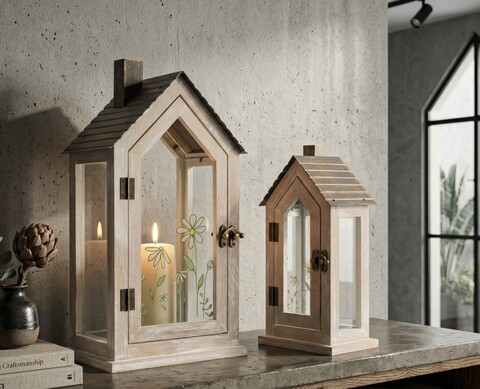 Set 2 felinare, Mauro Ferretti, Flower, 18x13x36 cm, lemn/sticla temperata, maro/gri/verde