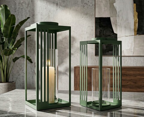 Set 2 felinare, Mauro Ferretti, Linee, 18.3x18.3x43.5 cm, metal/sticla temperata, verde