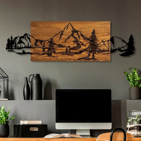 Decoratiune de perete, Mountain Range, Dimensiune: 30 x 95 cm, Nuc / Negru