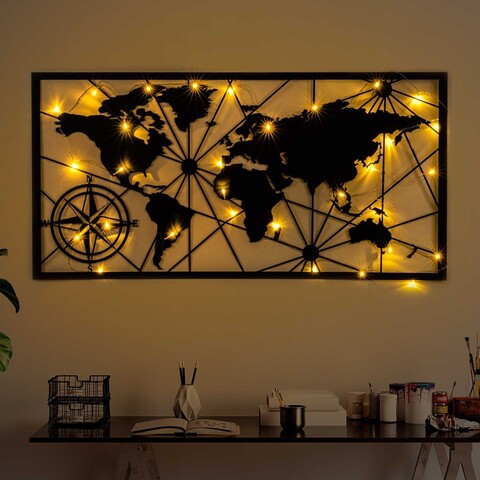 Decoratiune de perete, World Map Led 452, Dimensiune: 60 x 120 cm, Negru