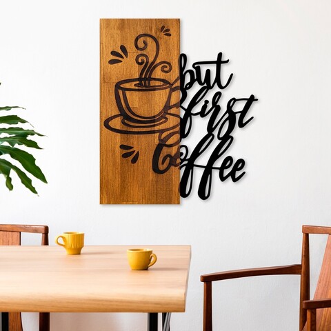 Decoratiune de perete, Coffee First, Lățime: 50 cm Înălțime: 58 cm Adâncime: 3 cm, Nuc / Negru