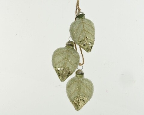 Set 3 globuri Leaves w ballotine w sequins, Decoris, 5x6 cm, sticla, verde
