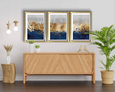 Set 3 tablouri decorative, 3P3853NISCT-020, Lemn, Auriu / Bleumarin / Gri