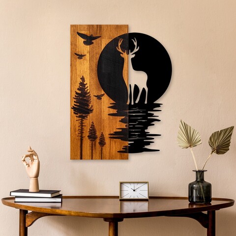 Decoratiune de perete, Deer and Moon, Lățime: 43 cm Înălțime: 58 cm Adâncime: 3 cm, Nuc / Negru