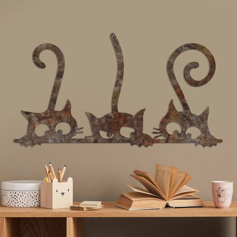Decoratiune de perete, Rusty Cats 1, Dimensiune: 33 x 60 cm, Maro antichizat