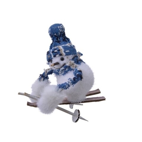 Decoratiune Snowman on skis, Decoris, 9x13x11 cm, spuma, alb/albastru