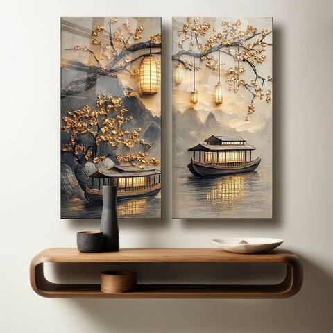 Pictură decorativă din sticlă securizată (2 bucăți), 2P3570Camtbl-006, Dimensiune: 35 x 70 cm (2 bucăți), Multicolor