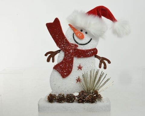 Decoratiune Snowman w hat w scarf, Decoris, 6x21x32 cm, spuma, alb/rosu