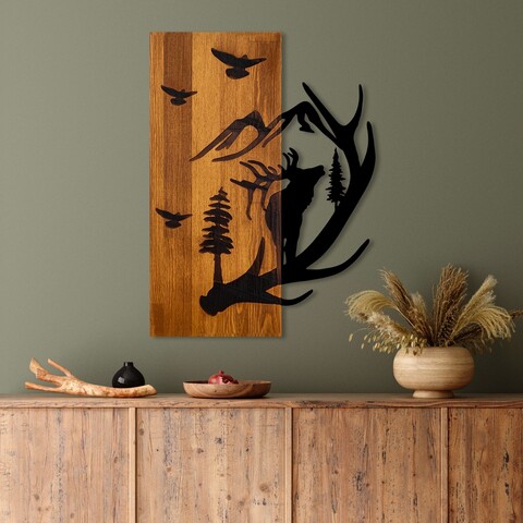 Decoratiune de perete, Deer and Mountain, Lățime: 43 cm Înălțime: 58 cm Adâncime: 3 cm, Nuc / Negru