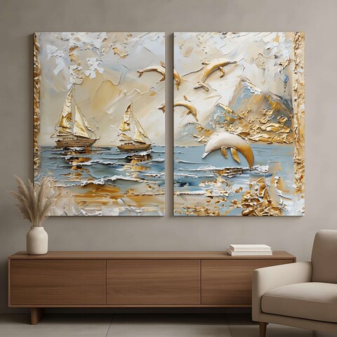 Tablou decorativ (2 Pieces), DEV9, Lemn, Multicolor