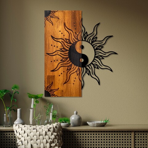 Decoratiune de perete, Yin Yang, Lățime: 50 cm Înălțime: 58 cm Adâncime: 3 cm, Nuc / Negru