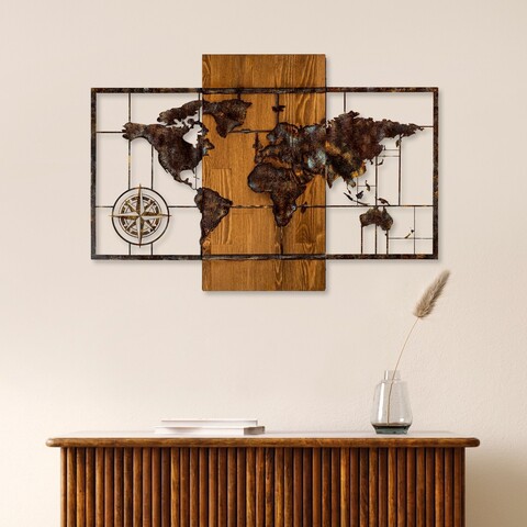 Decoratiune de perete, World Map With Compass 5, Dimensiuni: 58 x 85 cm, Nuc / Maro