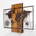 Decoratiune de perete, World Map With Compass 5, Dimensiuni: 58 x 85 cm, Nuc / Maro
